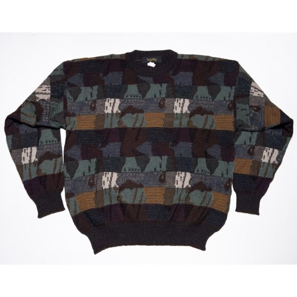 Vintage Grandpa Sweater Adult Large b.g.day Merino Wool Knit Pullover Patchwork - Picture 1 of 12